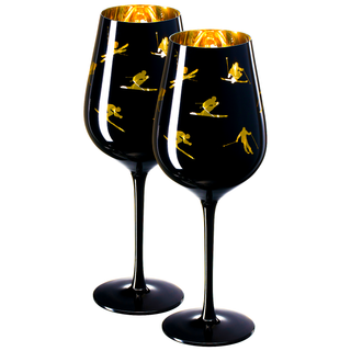 Crystal Stemmed Skiing Apres Ski Skiier Wine Glasses Goblets Set Of 2
