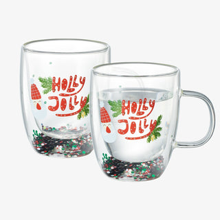 Christmas Glass Coffee Mug Set Of 2 Mugs Holly Jolly Tree Double Wall Insulated Cups Holidays 10OZ G