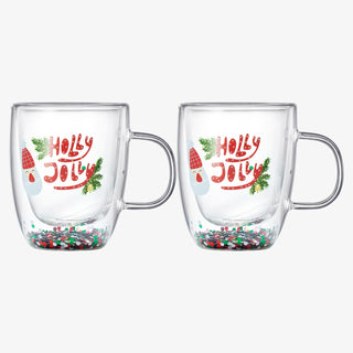 Christmas Glass Coffee Mug Set Of 2 Mugs Holly Jolly Tree Double Wall Insulated Cups Holidays 10OZ G