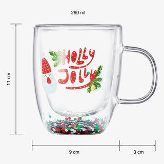 Christmas Glass Coffee Mug Set Of 2 Mugs Holly Jolly Tree Double Wall Insulated Cups Holidays 10OZ G