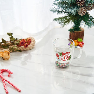 Christmas Glass Coffee Mug Set Of 2 Mugs Holly Jolly Tree Double Wall Insulated Cups Holidays 10OZ G