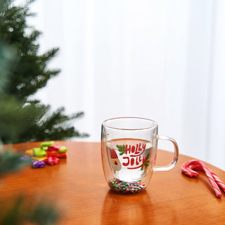Christmas Glass Coffee Mug Set Of 2 Mugs Holly Jolly Tree Double Wall Insulated Cups Holidays 10OZ G