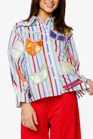 QOS Multi Striped School  Book Button Up Collared Top