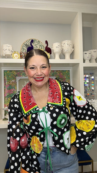 QOS  Black & White Polka Dot Tie Up Fruit Cotton Top