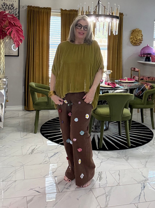QOS Brown Multi Sequin Flower Barrel Jeans