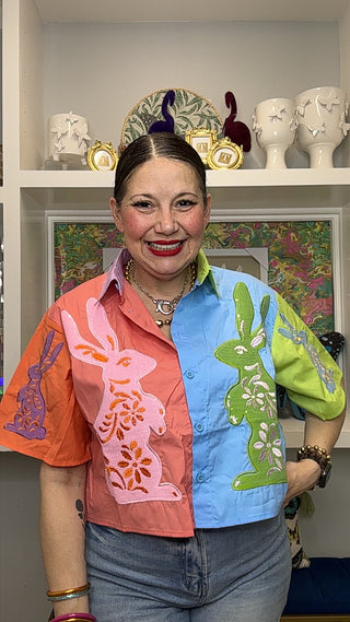 QOS Multi Colorblock Easter Bunny Cotton Short Sleeve Top