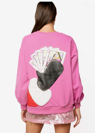 QOS Pink Santa Hand Holding QOS Logo Card Rhinestone Sweatshirt