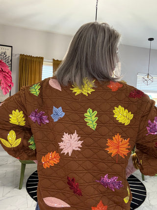 QOS Brown Multi Leaf Quilted QOS Card Sweatshirt
