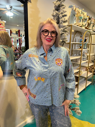 QOS Licensed LSU Denim Multi Rhinestone Scattered Logo Button Up Long Sleeve Top