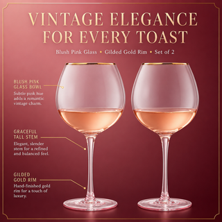 Colored Blush Pink Gilded Rim Wine Glassware Large 23OZ Cocktail Champagne Glasses 2 Set Vibrant Col