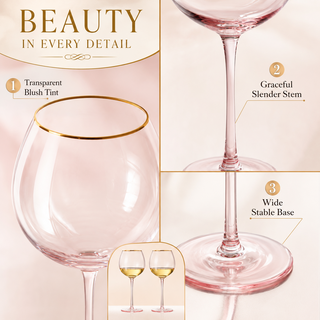 Colored Blush Pink Gilded Rim Wine Glassware Large 23OZ Cocktail Champagne Glasses 2 Set Vibrant Col