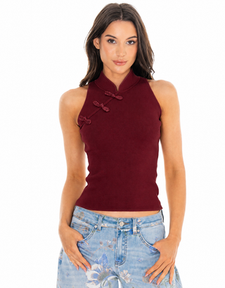 Ribbed Frog Closure Mock Neck Tank - Burgundy