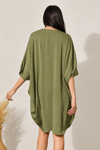 Modern Silk Dolman Dress - Olive