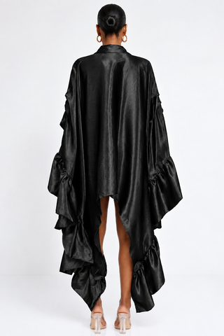 Polished Satin Ruffle Shirt - Black