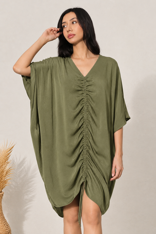 Modern Silk Dolman Dress - Olive
