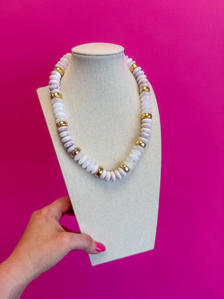 Chunky Bead with Gold Bead Necklace - White