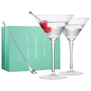 Crystal Martini Glass Set Of 2 10OZ Classic Luxury Cocktail With Bar Spoon Olive Picks Premium Hand