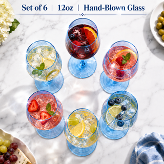 Set Of 6 Blue Colored Wine Glasses 12 Oz Hand Blown Italian Style Crystal Bordeaux Wine Glasses Prem