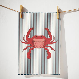 Coral Red Coastal Crab Tea Towel, Crab Stripe