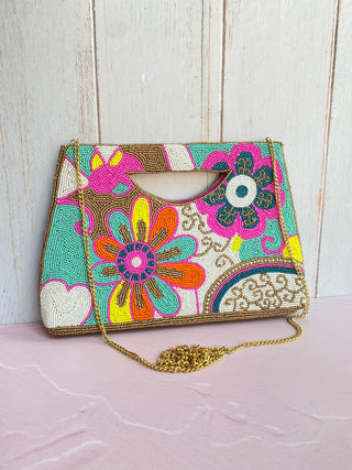 Floral Neon Golden Basket Crossbody Bag