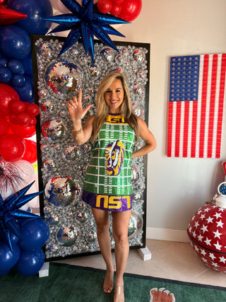 QOS Licensed LSU Full Sequin Football Field Tank Dress