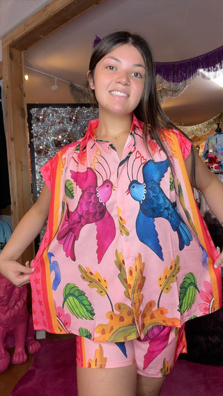 Bird & Floral Star Print Satin Silk 2-Piece Set