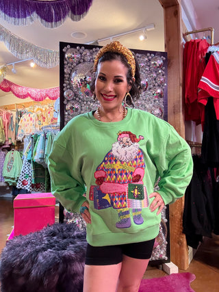 QOS Bright Green Colorful Shopping Santa Sweatshirt