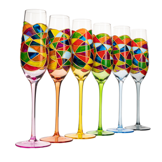 Stained Glass Champagne Flutes Set Of 6 Hand Painted Mouth Blown 7 Ounce Colorful Re