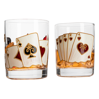 Artisanal Hand Painted Stemless Casino Set Of 2 Whiskey Glasses 2 Set Of Playing Car