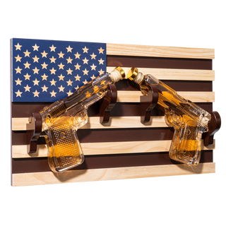 Pistol Whiskey Decanter Set Of 2 300ML On American Flag Wall Rack By Tik Tok Gun Dec