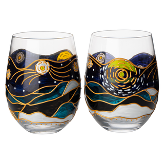 Artisanal Hand Painted Stemless Van Gogh Set Of 2 Wine Glasses 2 Set Of Tumblers Art