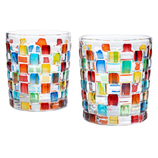 Artisanal Hand Painted Stained Glass Window Whiskey Tumblers 10OZ Set Of 2 By Renais