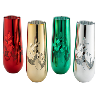 Etched Multicolor Christmas Champagne Flutes Glasses Set Of 4 Red Green Yellow Silver Perfect For Ch