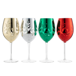 Etched Multicolor Christmas Stemmed Wine Glasses Set Of 4 Red Green Yellow Silver Perfect For Wine C