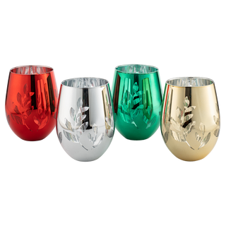Etched Multicolor Christmas Wine Glass Tumblers Glasses Set Of 4 Red Green Yellow Silver Perfect For
