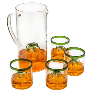 Palm Tree Pitcher Mexican Glassware Set With 4 Green Rim Palm Tree Glasses 9OZ By El