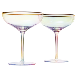 Iridescent Colored Gilded Rim Coupe Glass 2 Set Large 9OZ Rainbow Cocktail Champagne Luster Pearl Gl