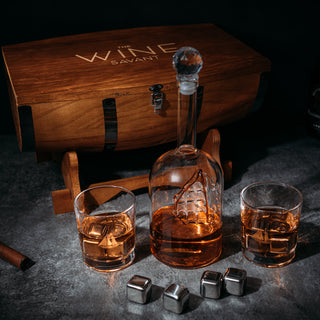 Large Display Whiskey Wine Decanter With Antique Ship Handcrafted Wood Barrel Storage De