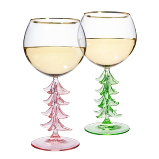 Crystal Christmas Holiday Tree Stemmed Wine Glass Pink Green 12OZ Goblet Bordeaux Gold Rim Colored G