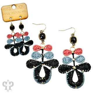 Three bow raffia dangle earring, Austrian crystal - LC