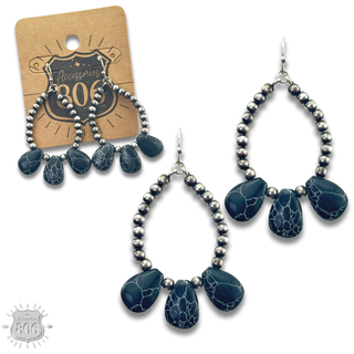 Burnished bead and stone teardrop earring - LC