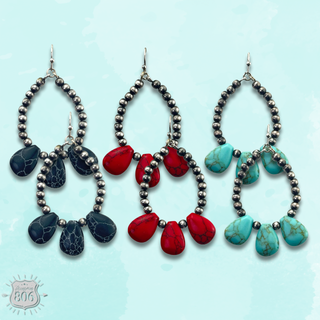 Burnished bead and stone teardrop earring - LC