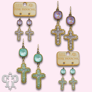 Wire wrapped bead cross earring with Austrian crystal