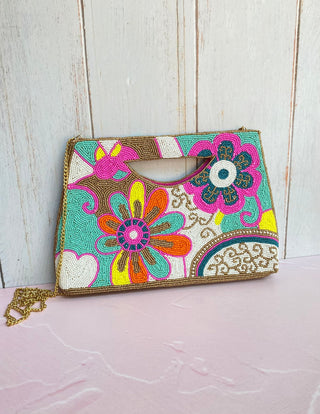 Floral Neon Golden Basket Crossbody Bag