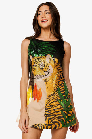 QOS Black Tiger & Palm Cotton Tank Dress
