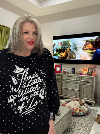 QOS Licensed Black Scattered Rhinestone 'There's a Little Witch In All Of Us' Sweatshirt