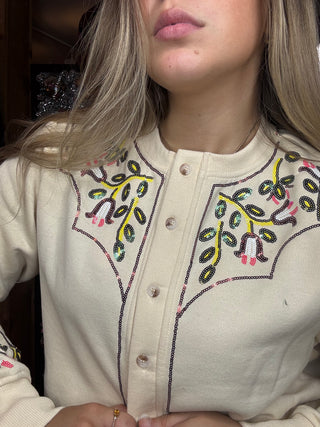 Beige Sweatshirt Cardigan With Sequin Western Yoke Southern Grace