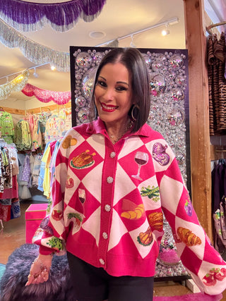 QOS Pink Diamond Print Thanksgiving Dinner Button Up Sweater