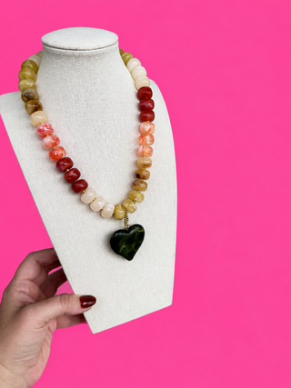 Bauble Beaded Heart Necklace - Mix Bead - Green Heart