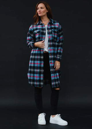 Navy Blue & Pink Plaid Long Flannel